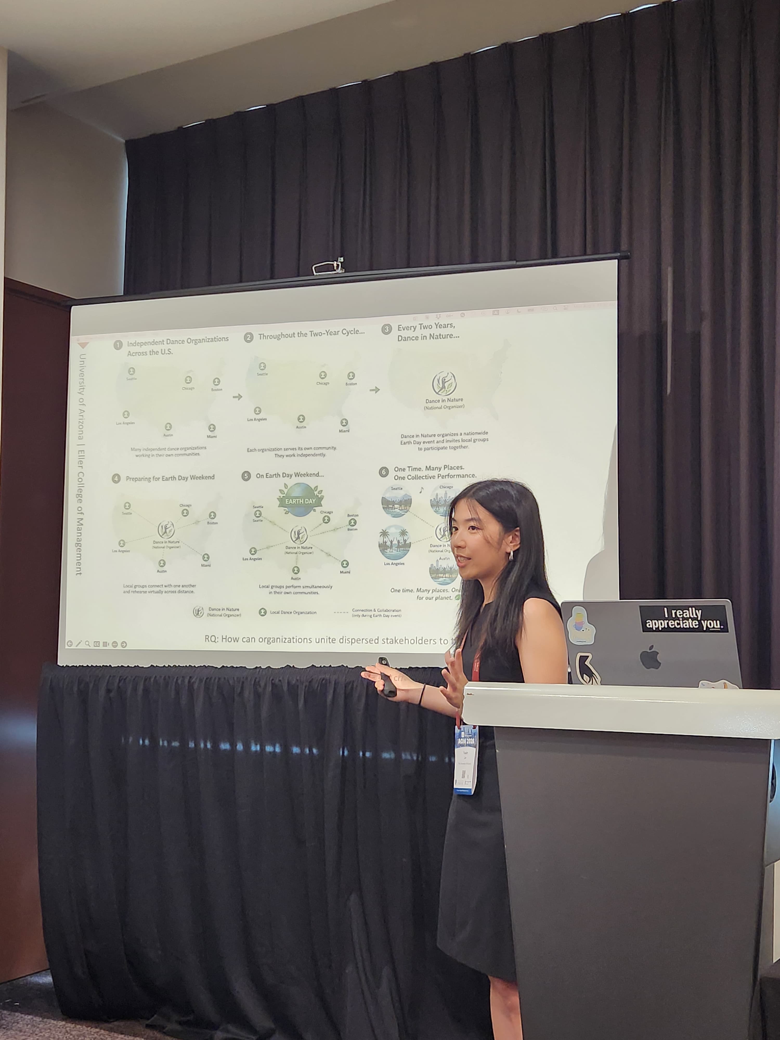 Yuxin Lin presenting at a 2026 Academy of Management symposium.