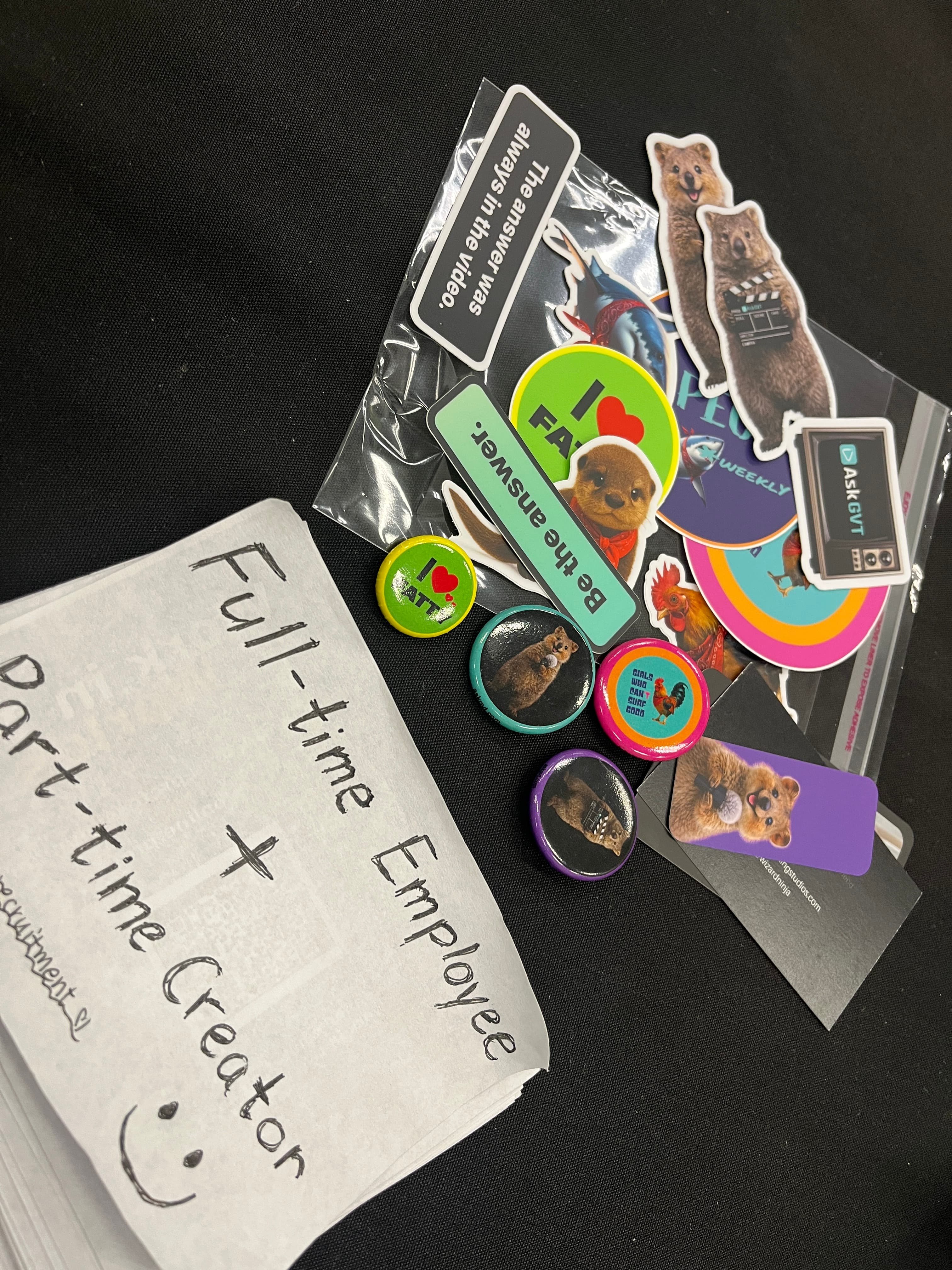Fieldwork artifacts including a note reading Full-time Employee plus Part-time Creator and creator-related buttons and stickers.